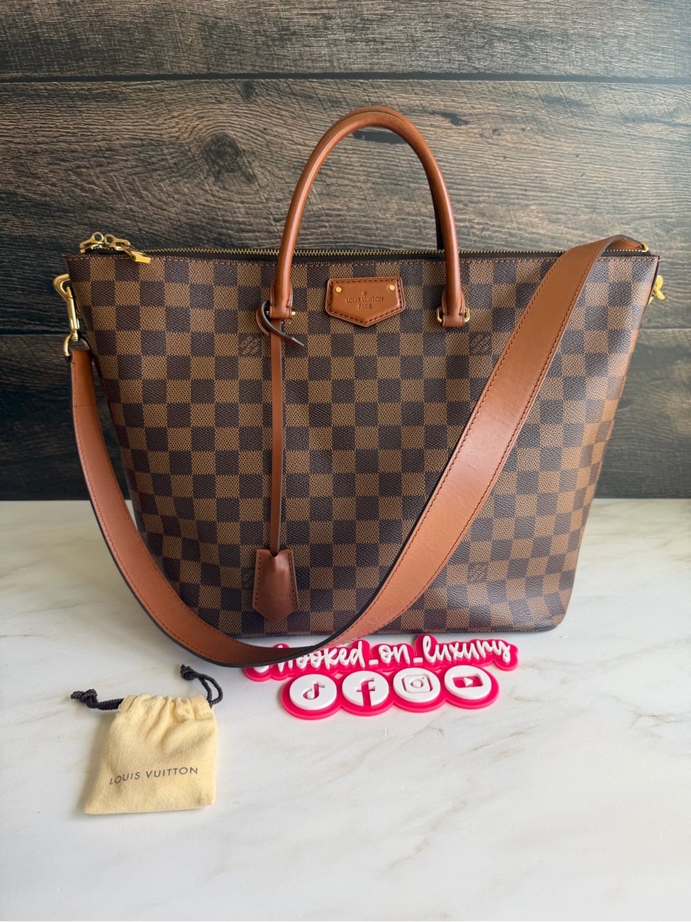 Authentic Louis Vuitton Belmont Damier Ebene Canvas 2 Way Tote Handbag Purse